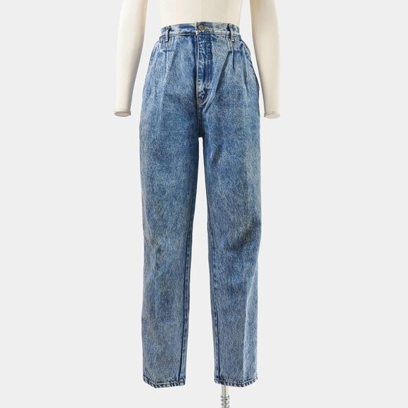 Vintage 80s Acid Wash Jeans High Waisted Pleated Front Tapered Leg Jeans M 30 - Picture 1 of 8